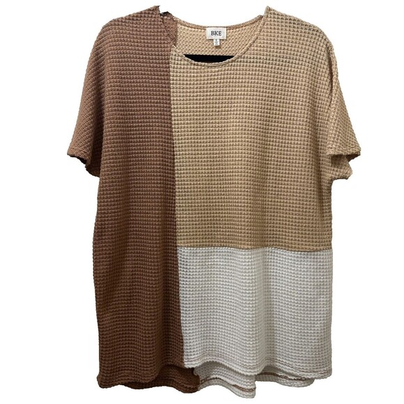 2/$30 BKE Color Block Waffle Knit Shirt Size S Tan Oversized Neutral Boho Boxy - Picture 1 of 10